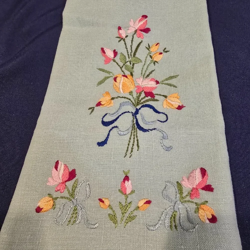Hand Towel Blue-Green Linen Rose Bouquet Ribbons Embroidery 1950s MCM Vintage